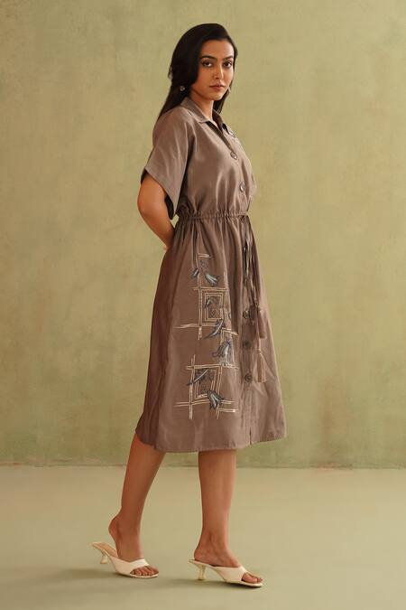 Buy_Midori By Sgv_Gray Cotton, Silk, Chanderi Sequins Collared Designer Hand Embroidered Jun Dress _Online_at_Aza_Fashions