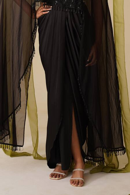 Midori By Sgv_Black Organza, Satin Sequins Round Neck Embroidered Dress With Cape _Online_at_Aza_Fashions