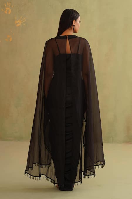 Midori By Sgv Black Embroidered Organza Dress with Cape 