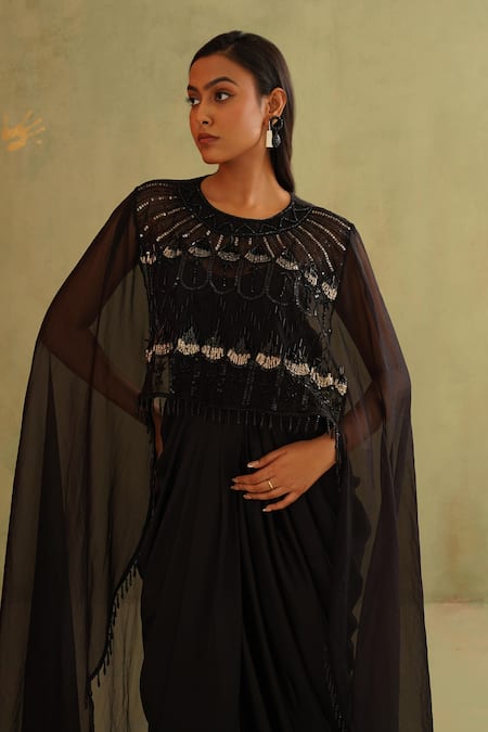 Buy_Midori By Sgv_Black Organza, Satin Sequins Round Neck Embroidered Dress With Cape _Online_at_Aza_Fashions