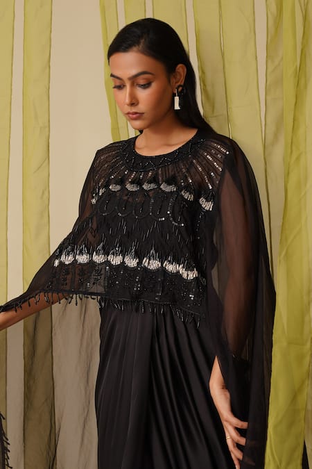 Shop_Midori By Sgv_Black Organza, Satin Sequins Round Neck Embroidered Dress With Cape _Online_at_Aza_Fashions