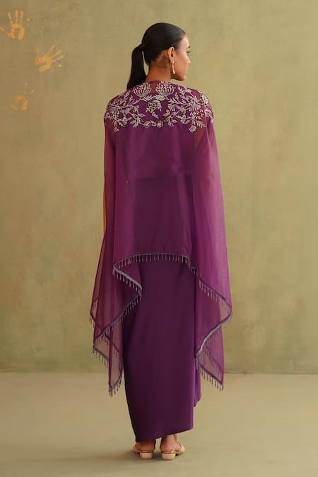 Midori By Sgv Purple Designer Draped Skirt & Cape Set 