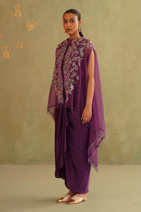 Buy_Midori By Sgv_Purple Organza, Satin Sequins, Cut Work High Designer Draped Skirt And Cape Set _Online_at_Aza_Fashions