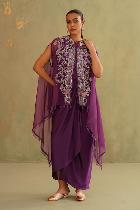 Shop_Midori By Sgv_Purple Organza, Satin Sequins, Cut Work High Designer Draped Skirt And Cape Set _Online_at_Aza_Fashions