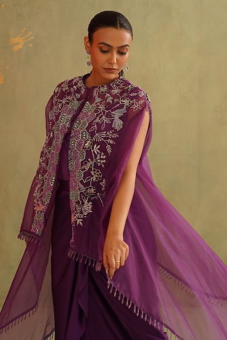 Midori By Sgv_Purple Organza, Satin Sequins, Cut Work High Designer Draped Skirt And Cape Set _at_Aza_Fashions