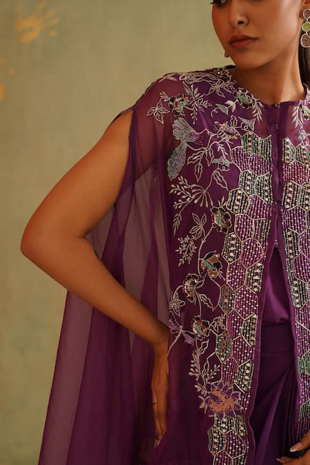 Buy_Midori By Sgv_Purple Organza, Satin Sequins, Cut Work High Designer Draped Skirt And Cape Set 