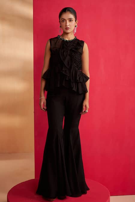 Aakansha Gupta_Black Organza, Shantoon Stones Round Neck Skye Co-ord Set _at_Aza_Fashions