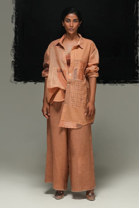 Shop_Urvashi Kaur_Orange Linen Rust Handwoven Aron Pant _Online_at_Aza_Fashions