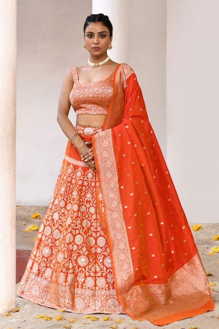 Naaritva India Orange Silk Zari Handwoven Lehenga Set 