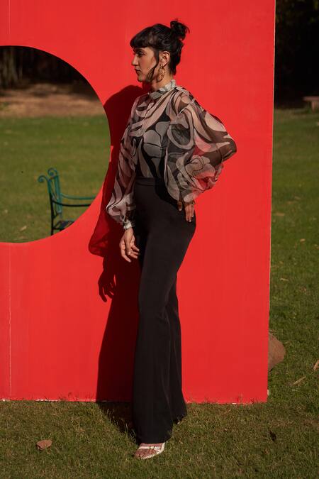 Buy_Zwaan_Black Organza High Neck Sage Bodysuit And Pants Set _Online_at_Aza_Fashions