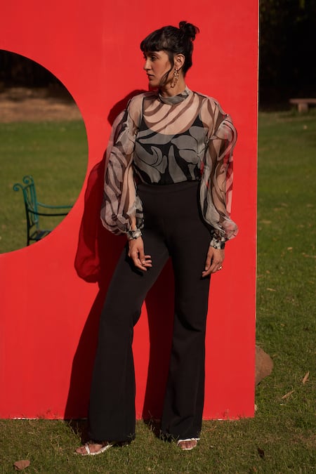 Zwaan Black Organza High Neck Sage Bodysuit And Pants Set
