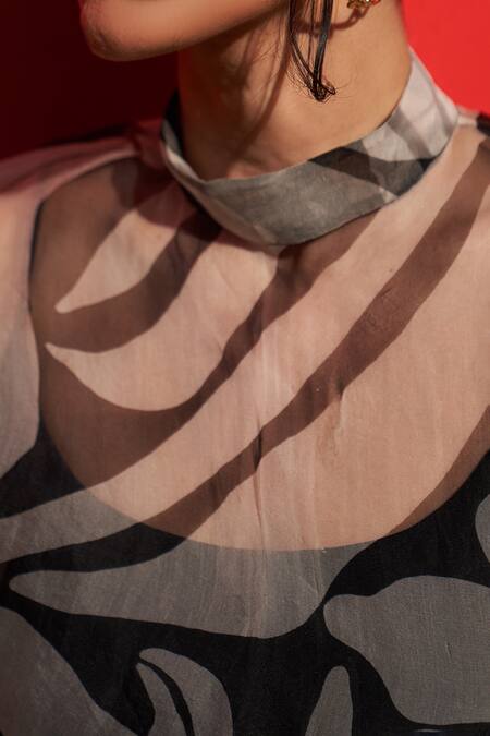 Shop_Zwaan_Black Organza High Neck Sage Bodysuit And Pants Set _Online_at_Aza_Fashions