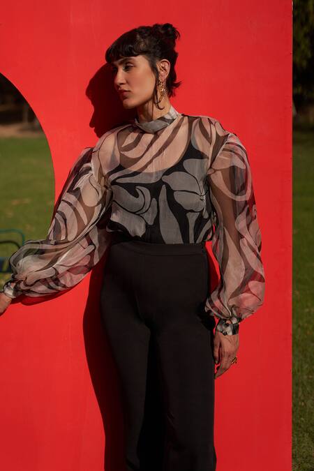 Buy_Zwaan_Black Organza High Neck Sage Bodysuit And Pants Set 