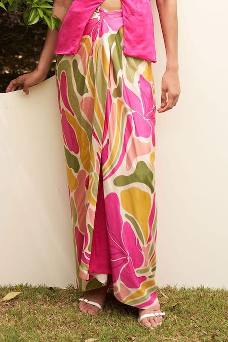 Buy_Zwaan_Beige Linen, Satin Designer Mari Skirt _Online_at_Aza_Fashions