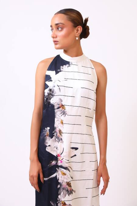 Shop_BAANI KHURANA_Black Satin, Linen Round Neck Floral Print Dress _Online_at_Aza_Fashions