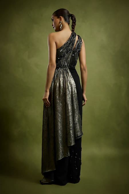 Babita Malkani Black & Gold Crinkled Metallic Jumpsuit 