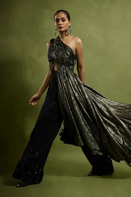 Babita Malkani Black Sequins Asymmetric And Gold Crinkled Metallic Jumpsuit 