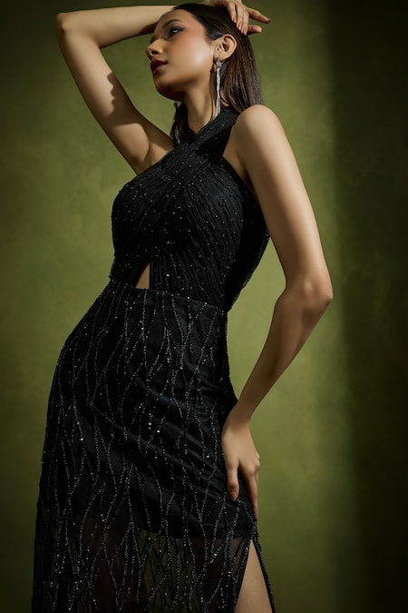 Buy Babita Malkani Black Tulle Halter Neck Designer Dress Online at Aza Fashions Buy_Babita Malkani_Black Tulle Halter Neck Designer Dress _Online_at_Aza_Fashions