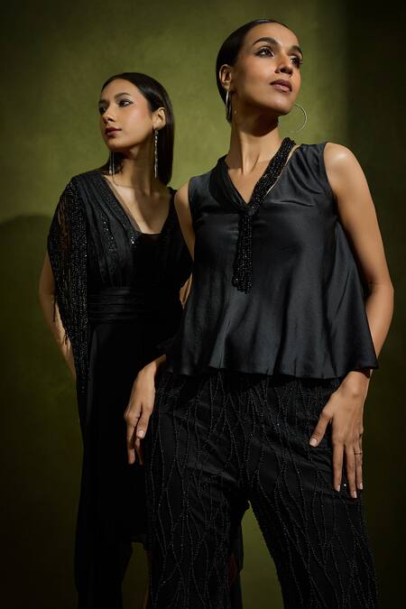 Babita Malkani Black Satin, Tulle Beads, Sequins V-neck Flared Pant Set Online at Aza Fashions Babita Malkani_Black Satin, Tulle Beads, Sequins V-neck Flared Pant Set _Online_at_Aza_Fashions