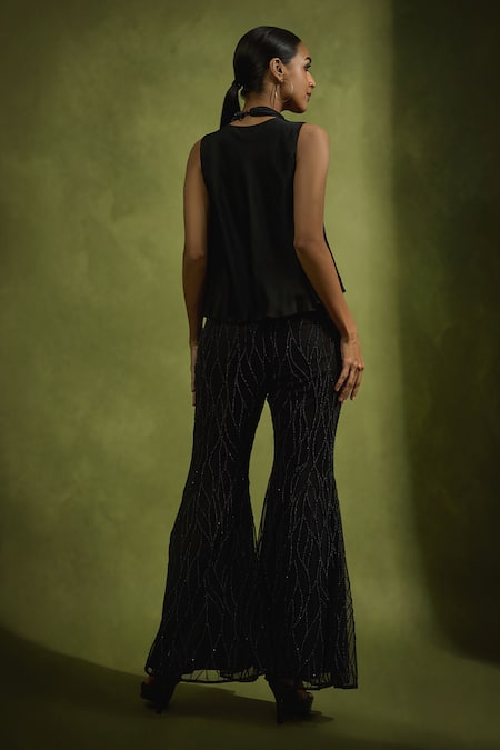 Shop Babita Malkani Black Satin, Tulle Beads, Sequins V-neck Flared Pant Set at Aza Fashions Shop_Babita Malkani_Black Satin, Tulle Beads, Sequins V-neck Flared Pant Set _at_Aza_Fashions