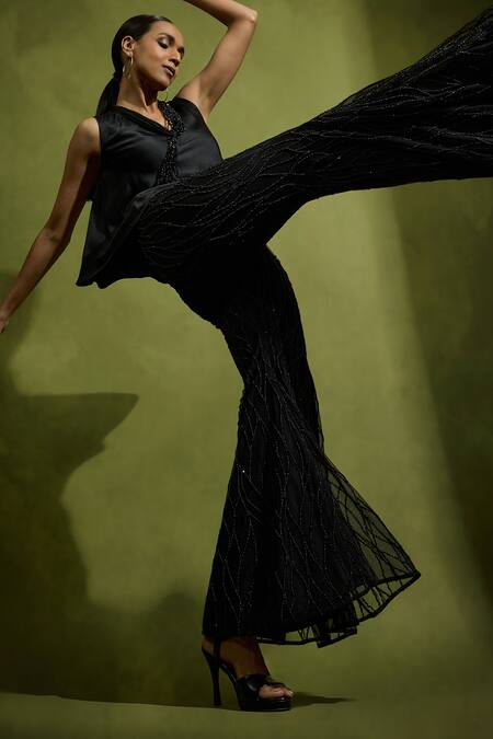 Buy Babita Malkani Black Satin, Tulle Beads, Sequins V-neck Flared Pant Set Online at Aza Fashions Buy_Babita Malkani_Black Satin, Tulle Beads, Sequins V-neck Flared Pant Set _Online_at_Aza_Fashions