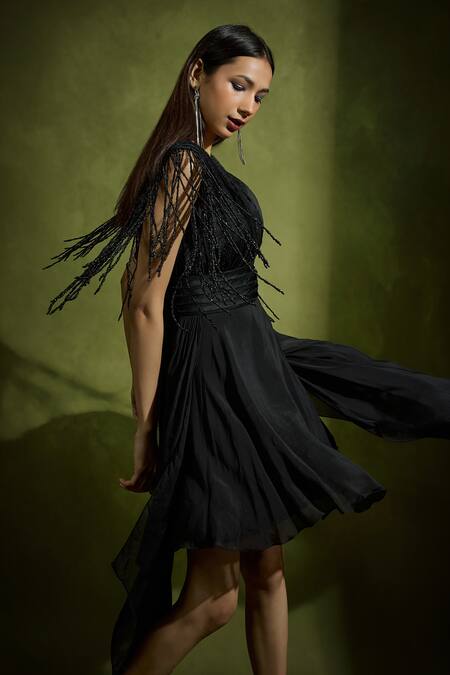 Buy_Babita Malkani_Black Satin, Georgette Beads V-neck Designer Dress _Online_at_Aza_Fashions