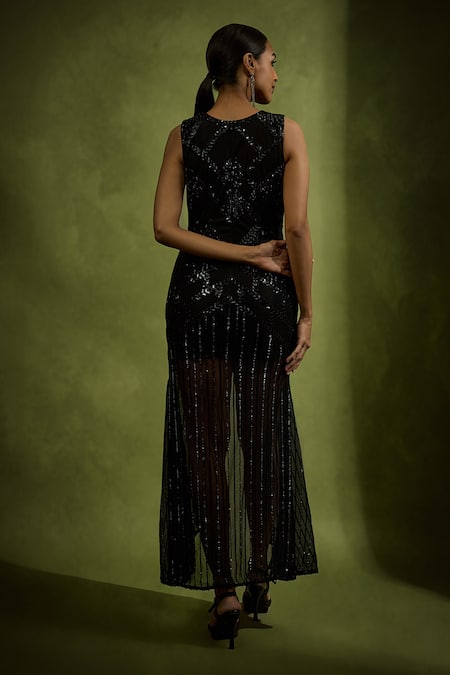 Shop Babita Malkani Black Tulle Sequins Round Neck Designer Gown at Aza Fashions Shop_Babita Malkani_Black Tulle Sequins Round Neck Designer Gown _at_Aza_Fashions