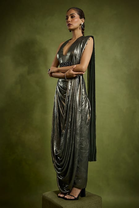 Shop_Babita Malkani_Gold Georgette Beads V-neck Foil Pre-draped Saree Set _Online_at_Aza_Fashions