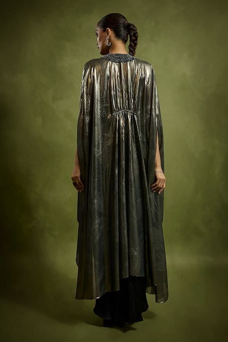 Babita Malkani Black Satin Foil Georgette Dress & Cape 