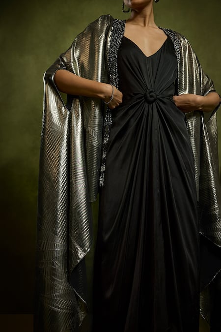 Babita Malkani Black Satin, Georgette V-, Open Foil Dress And Cape Online at Aza Fashions Babita Malkani_Black Satin, Georgette V-, Open Foil Dress And Cape _Online_at_Aza_Fashions