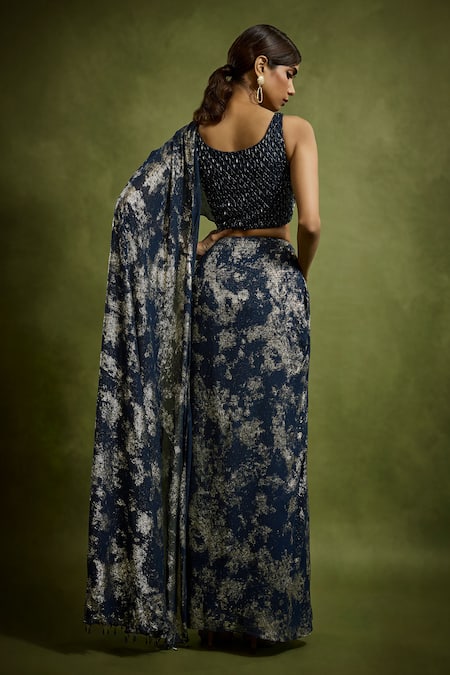 Shop_Babita Malkani_Navy Georgette Beads Round Neck Blue Designer Pre-draped Saree Set _at_Aza_Fashions