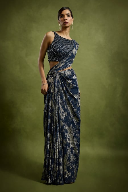 Babita Malkani Navy Blue Designer Pre-Draped Saree Set 