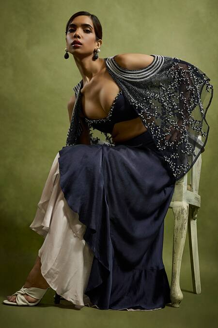 Babita Malkani Navy Satin Beads Open , Sweetheart Blue Designer Cape And Skirt Set Online at Aza Fashions Babita Malkani_Navy Satin Beads Open , Sweetheart Blue Designer Cape And Skirt Set _Online_at_Aza_Fashions
