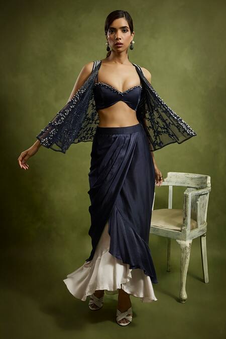 Buy Babita Malkani Navy Satin Beads Open , Sweetheart Blue Designer Cape And Skirt Set Online at Aza Fashions Buy_Babita Malkani_Navy Satin Beads Open , Sweetheart Blue Designer Cape And Skirt Set _Online_at_Aza_Fashions