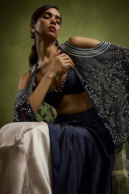 Shop Babita Malkani Navy Satin Beads Open , Sweetheart Blue Designer Cape And Skirt Set Online at Aza Fashions Shop_Babita Malkani_Navy Satin Beads Open , Sweetheart Blue Designer Cape And Skirt Set _Online_at_Aza_Fashions