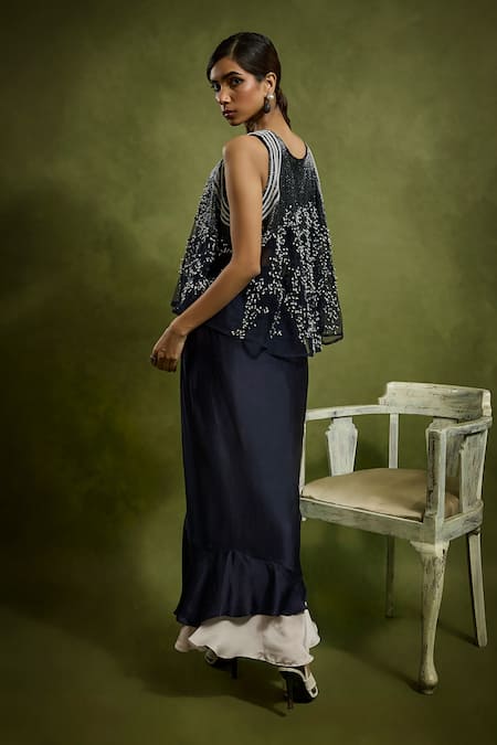 Shop Babita Malkani Navy Satin Beads Open , Sweetheart Blue Designer Cape And Skirt Set at Aza Fashions Shop_Babita Malkani_Navy Satin Beads Open , Sweetheart Blue Designer Cape And Skirt Set _at_Aza_Fashions