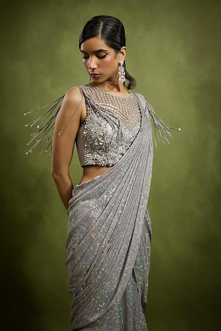 Buy Babita Malkani Silver Georgette Beads, Sequins Round Neck Holographic Saree Set Online at Aza Fashions Buy_Babita Malkani_Silver Georgette Beads, Sequins Round Neck Holographic Saree Set _Online_at_Aza_Fashions