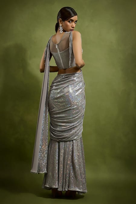 Babita Malkani Silver Holographic Georgette Saree Set 