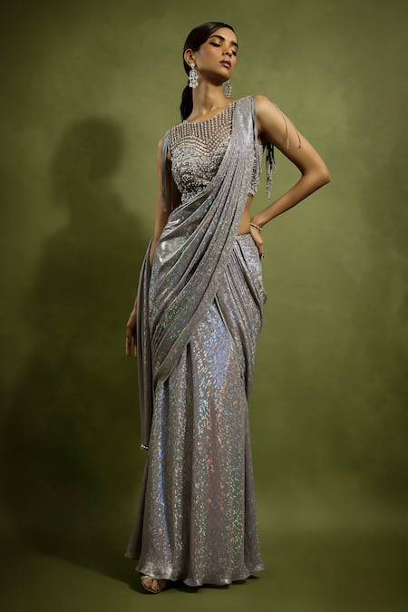 Babita Malkani Silver Holographic Georgette Saree Set 