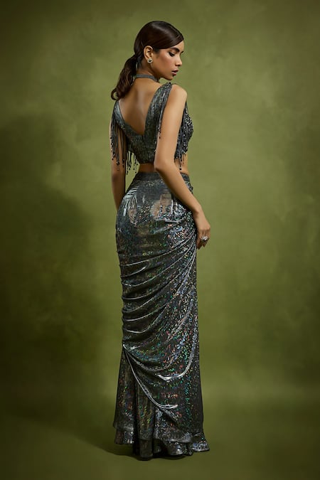 Babita Malkani Black Holographic Georgette Saree Set 