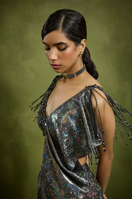 Buy Babita Malkani Black Georgette Beads Plunge Neck Holographic Saree Set Online at Aza Fashions Buy_Babita Malkani_Black Georgette Beads Plunge Neck Holographic Saree Set _Online_at_Aza_Fashions