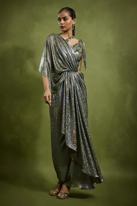 Babita Malkani Holographic Green Pre-Draped Saree Set 