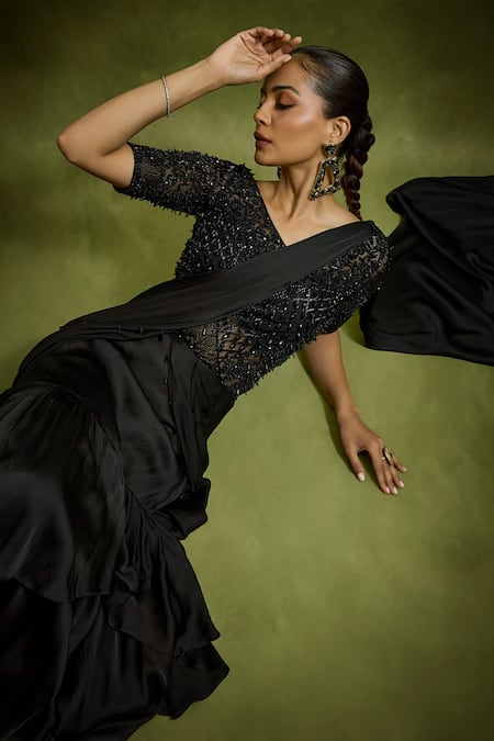 Babita Malkani Black Satin, Tulle Embroidery, Beads, Designer Pre-draped Saree And Bodysuit Online at Aza Fashions Babita Malkani_Black Satin, Tulle Embroidery, Beads, Designer Pre-draped Saree And Bodysuit _Online_at_Aza_Fashions