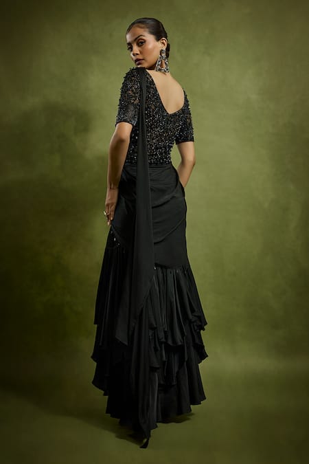 Babita Malkani Black Designer Pre-Draped Saree & Bodysuit 