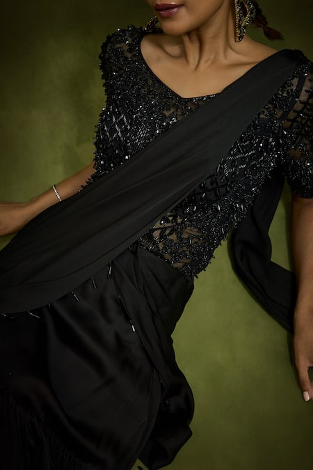 Buy Babita Malkani Black Satin, Tulle Embroidery, Beads, Designer Pre-draped Saree And Bodysuit Online at Aza Fashions Buy_Babita Malkani_Black Satin, Tulle Embroidery, Beads, Designer Pre-draped Saree And Bodysuit _Online_at_Aza_Fashions