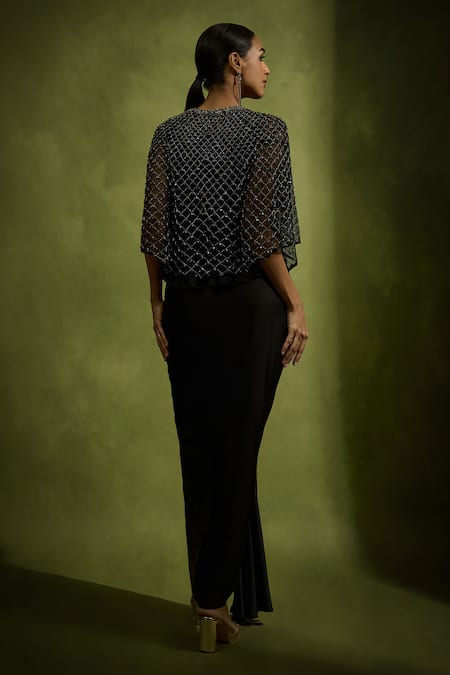Shop Babita Malkani Black Satin, Tulle Beads Round Neck Cape Set at Aza Fashions Shop_Babita Malkani_Black Satin, Tulle Beads Round Neck Cape Set _at_Aza_Fashions