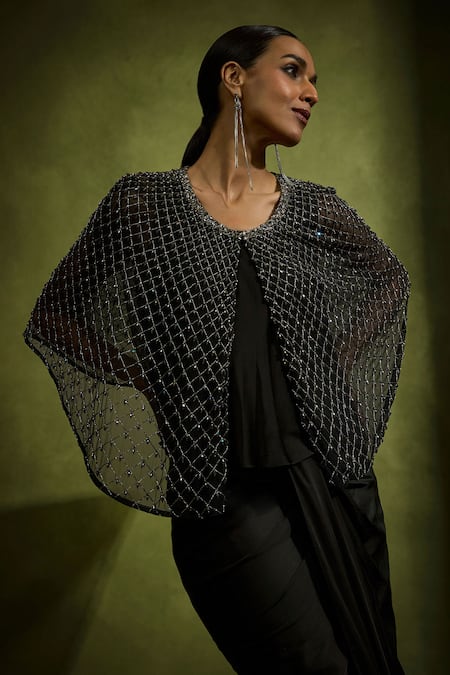 Babita Malkani Black Satin, Tulle Beads Round Neck Cape Set Online at Aza Fashions Babita Malkani_Black Satin, Tulle Beads Round Neck Cape Set _Online_at_Aza_Fashions