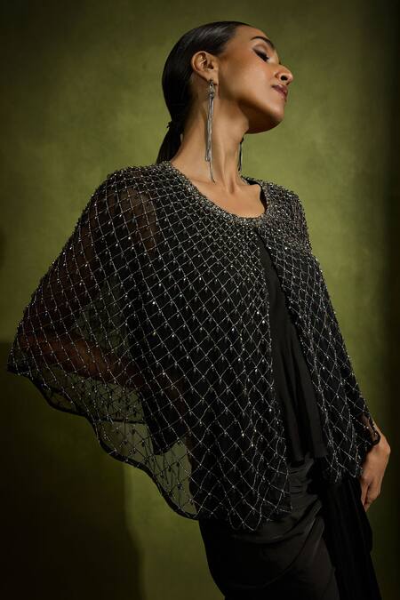 Buy Babita Malkani Black Satin, Tulle Beads Round Neck Cape Set Online at Aza Fashions Buy_Babita Malkani_Black Satin, Tulle Beads Round Neck Cape Set _Online_at_Aza_Fashions