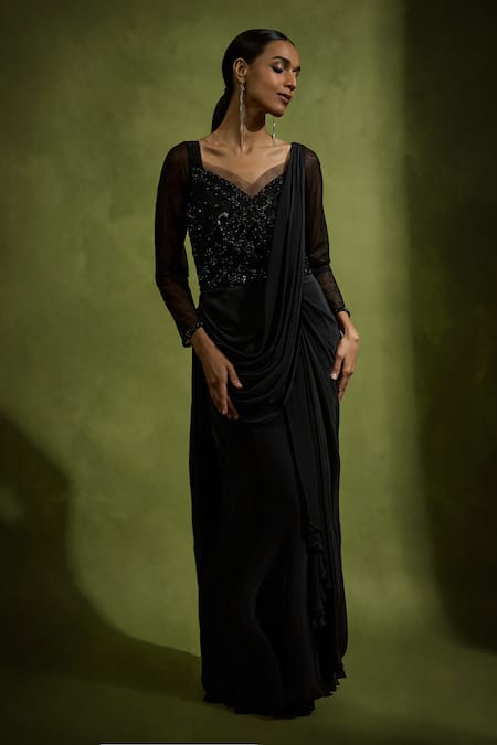 Babita Malkani Black Satin Designer Saree Gown 
