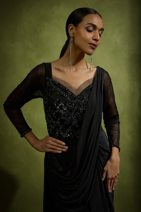 Babita Malkani_Black Satin Beads V-neck Designer Saree Gown _Online_at_Aza_Fashions